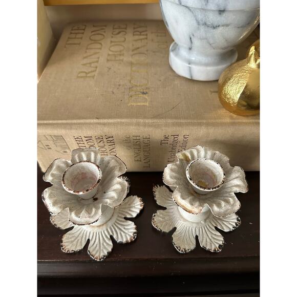 White metal floral taper candle holders distressed primitive pair cottage set - Picture 6 of 10